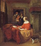 A Woman Seated at a Table and a Man Tuning a Violin Gabriel Metsu